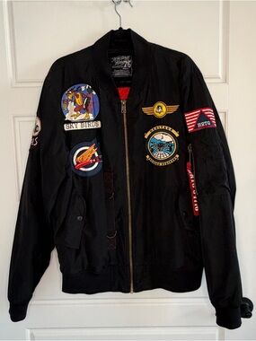 Heritage America Jacket Mens L Black Bomber Ribbed Cuffs Sky Birds Patches